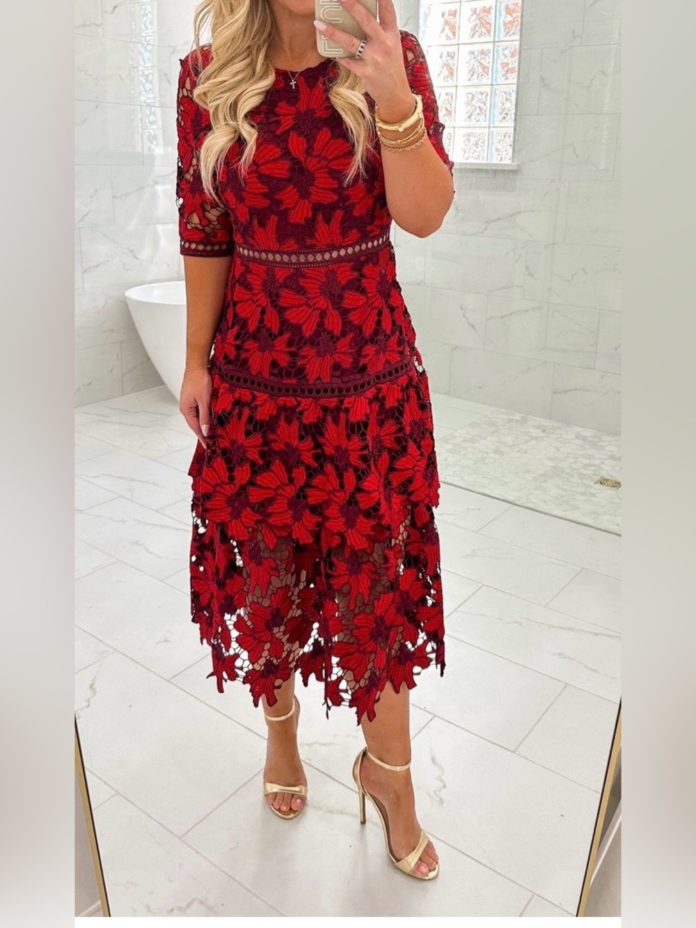 Bohme Red Tiered Midi Dress with Floral Guipure Lace Size Small